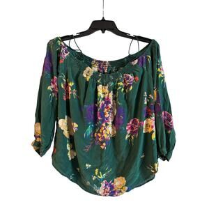Maeve Tallie Open Shoulder Silk Blouse Size M Medium Green Floral Anthropologie